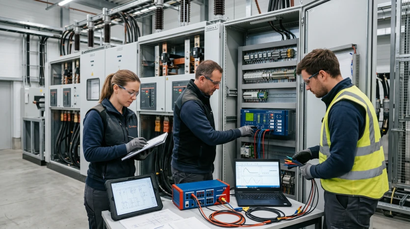 Três profissionais reunidos em uma bancada de ensaios elétricos