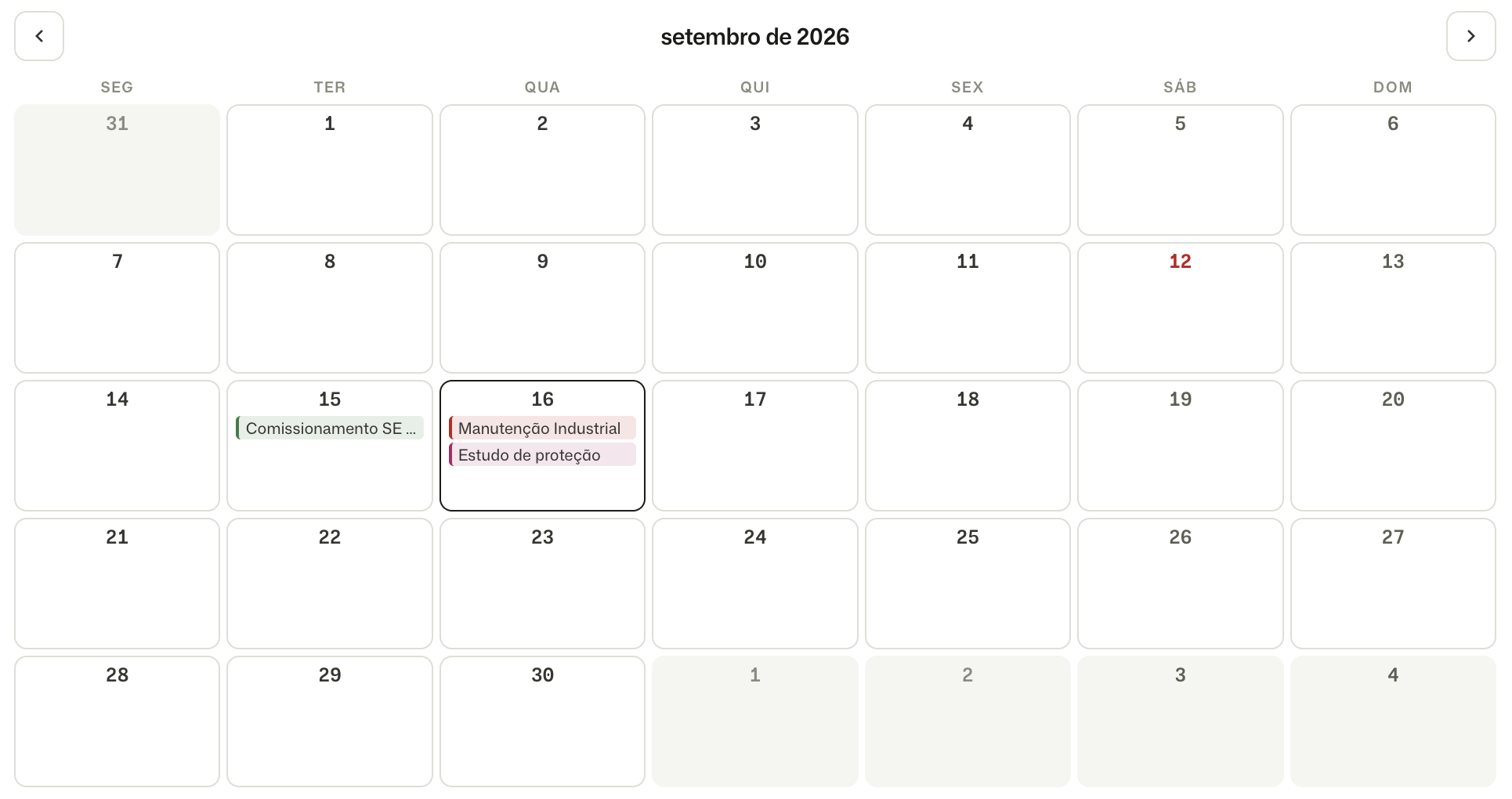 Agenda de setembro de 2026 com comissionamento no dia 15 e manutenção industrial e estudo de proteção no dia 16.