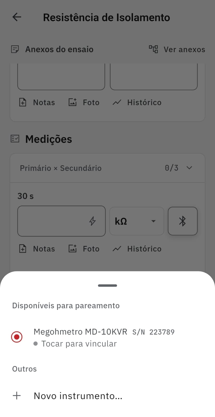 Ensaia no Android encontrando um megôhmetro Megabras para pareamento Bluetooth