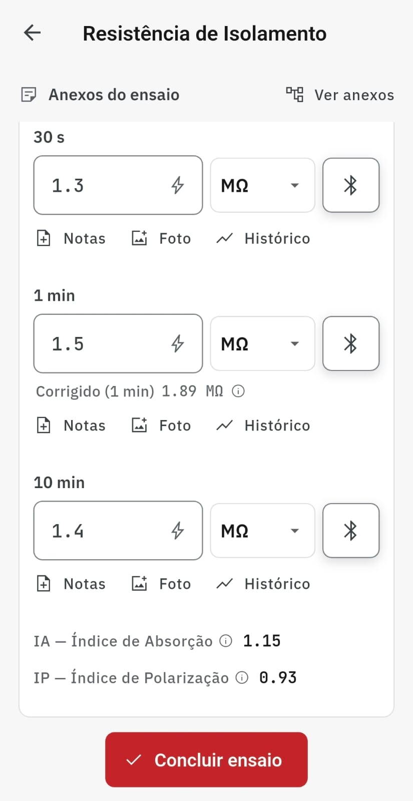 Ensaia no Android com leituras de resistência de isolamento em megaohms