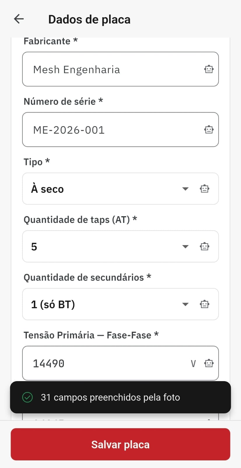 Ensaia no Android com dados da placa preenchidos pela foto, incluindo fabricante e número de série