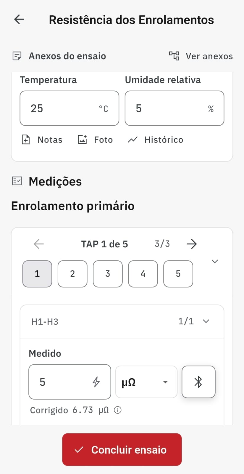 Tela de resistência dos enrolamentos na Ensaia Android