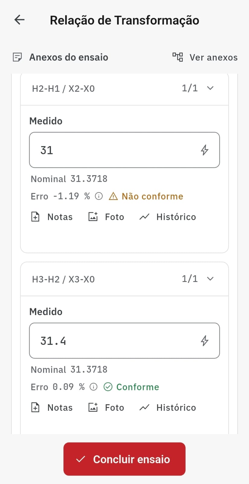Ensaia no Android mostrando a relação de transformação medida e o resultado conforme ou não conforme