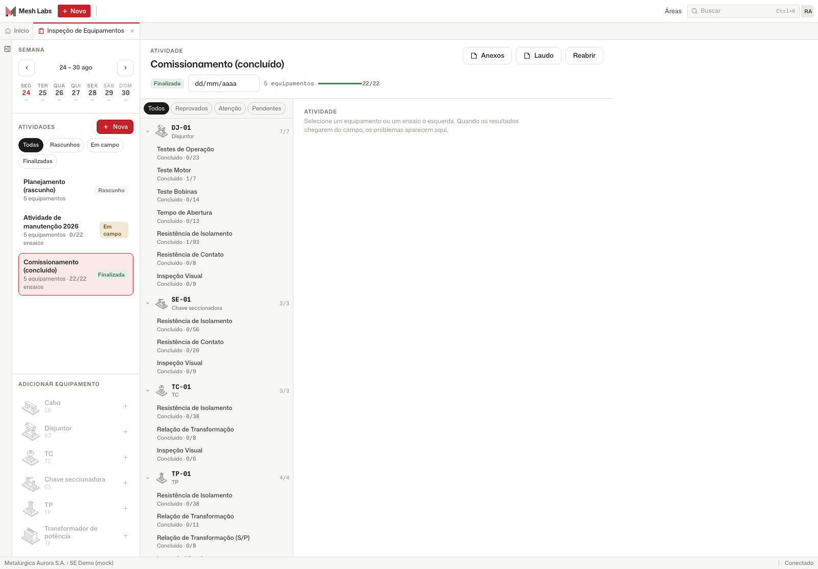 Área de comissionamento na Ensaia