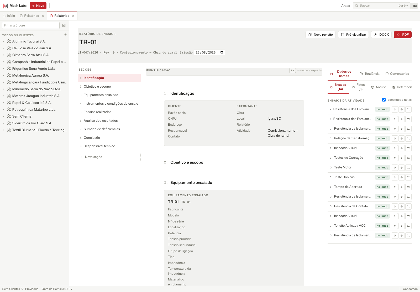 Prévia do editor de relatório web da Ensaia