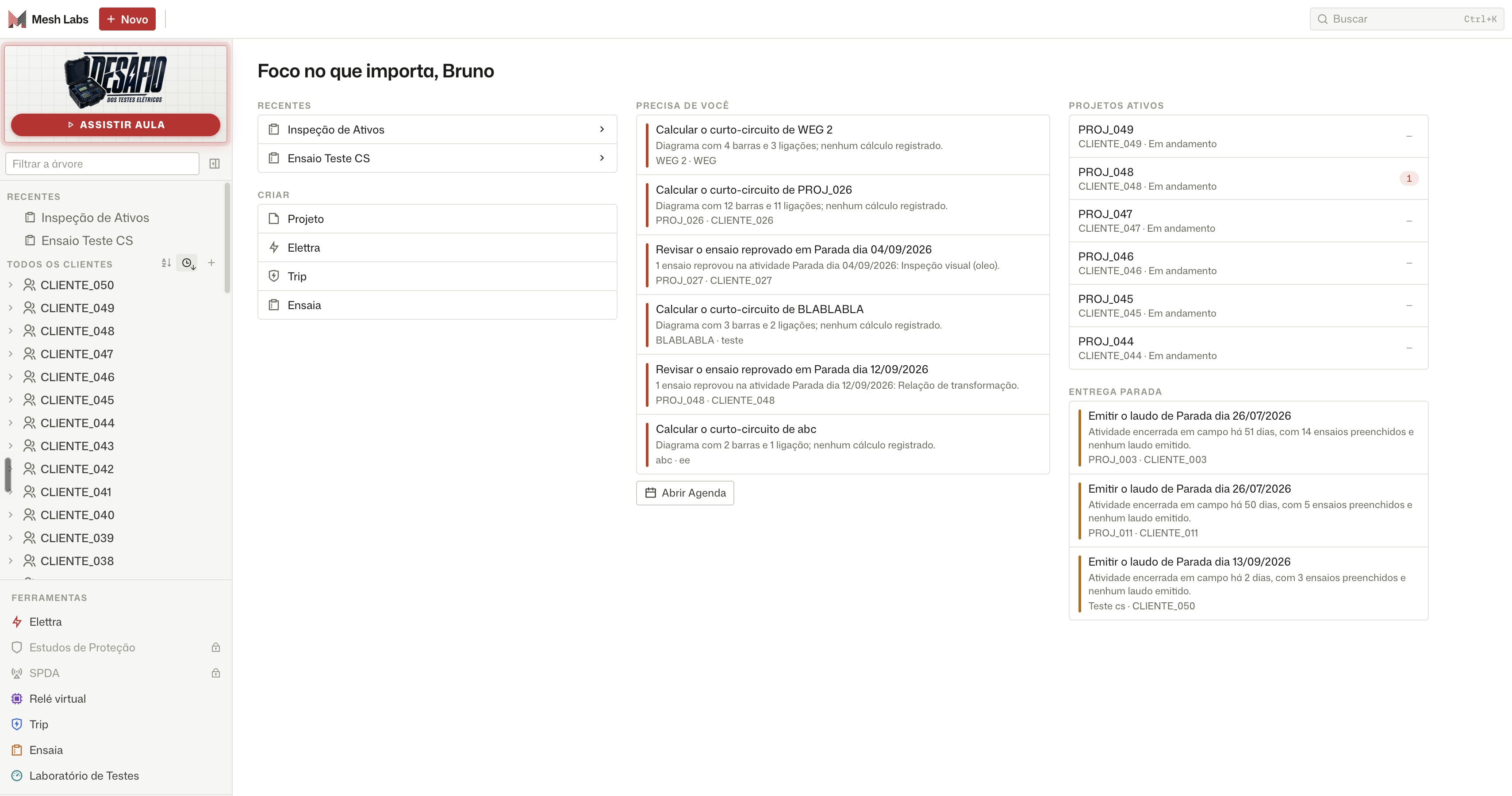 Painel da Mesh Labs com projetos ativos, atividades pendentes e acesso às ferramentas