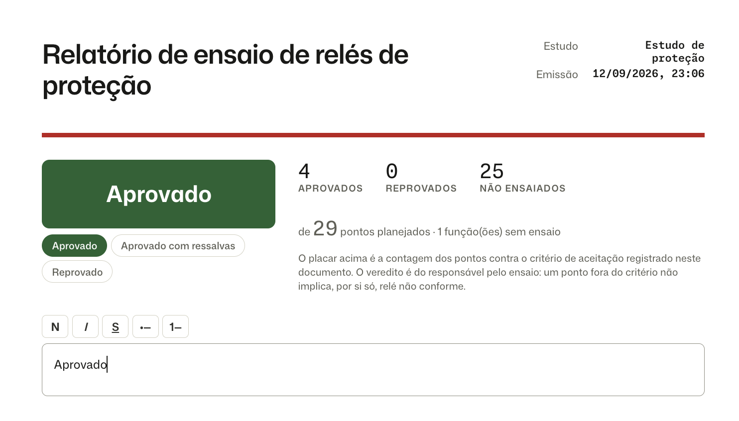 Relatório rápido aprovado: quatro pontos aprovados, nenhum reprovado e 25 não ensaiados
